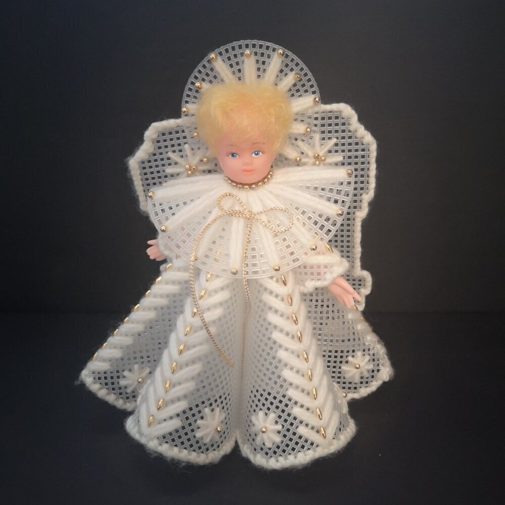 Vintage Handmade Plastic Canvas Yarn & Gold Tone Beads Christmas Angel 8" High